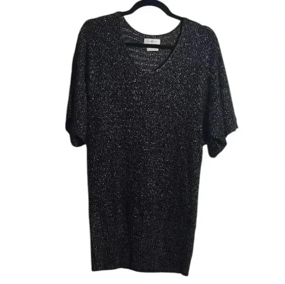 VAN HEUSEN Black Crochet Knit Silver Metallic Thread Top Size Medium - Picture 1 of 15